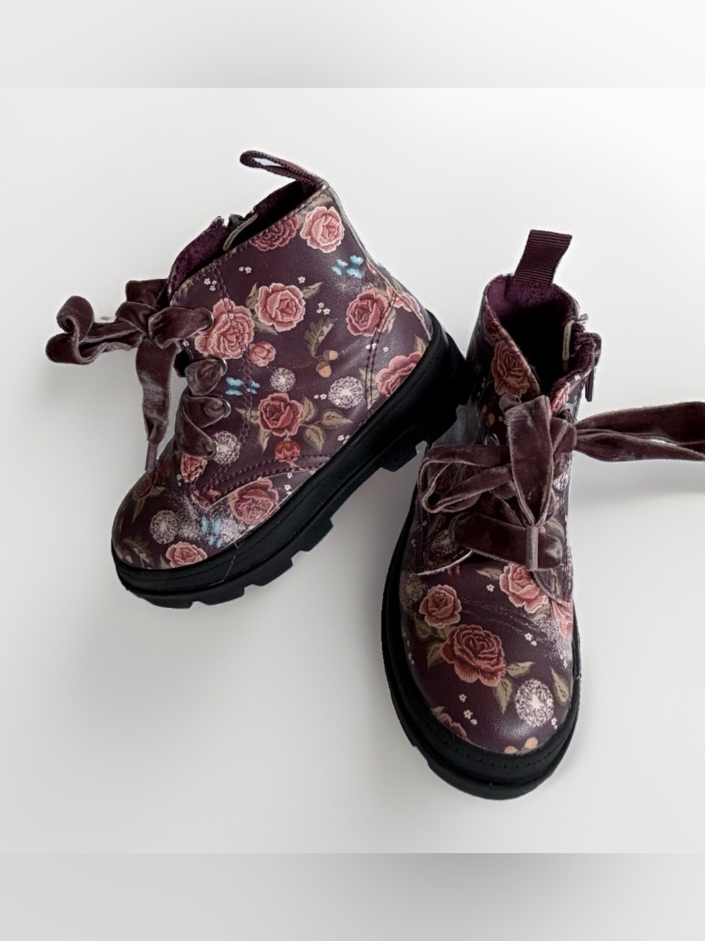H&M Toddler Girls Floral Combat Boots Sz 6.5 Velvet Ribbon Laces Lug Sole Zipper